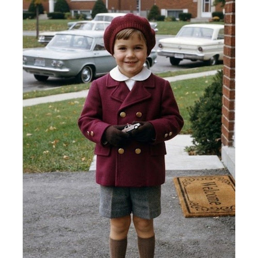 Eaton Pea Coat Kids Size 4 Burgundy Wool Double Breasted Gold Button Vintage 60s